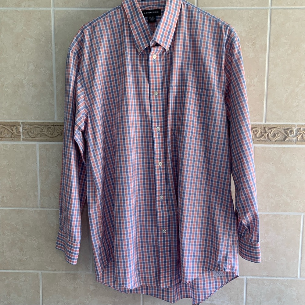 Lands End No Iron Button Down shirt orange navy